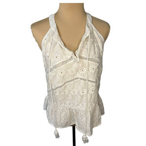 Adiva Off White Eyelet Split Neck Ruffle Hem Halter Top, Size L